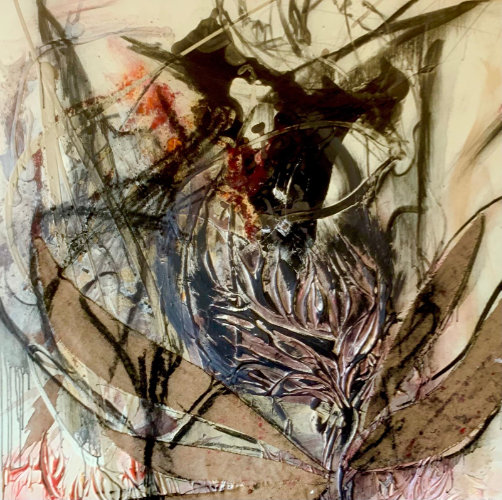 Collage, Acryl, Kohle auf Leinwand, 100 x 100 cm