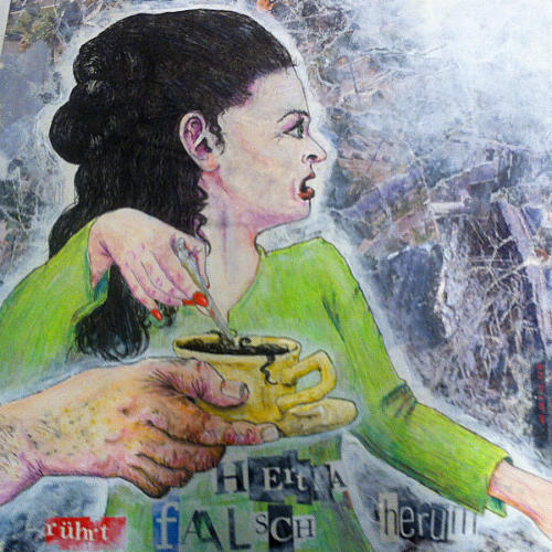 (2019) Tusche, Acryl, Buntstift und Collage auf Papier, 
24 x 24 cm