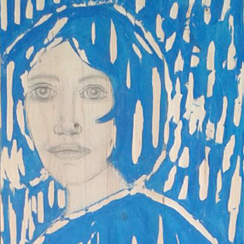 Holzschnitt mit Gouache und Bleistift